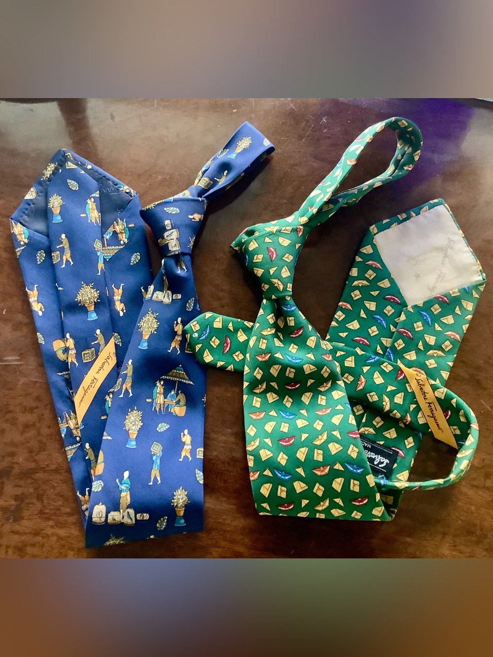 Salvatore Ferragamo Blue & Green Patterned Silk Necktie Duo